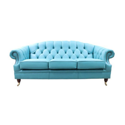 Chesterfield Handmade 3 Seater Sofa Settee Shelly Dark Teal Blue Leather In Victoria Style - image 1