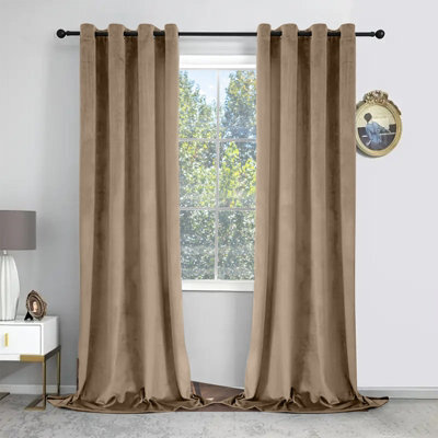 Oxford Homeware Eyelet Velvet Curtains Beige Fully Lined Blackout Thermal Insulated Eyelet Curtains Pair (W)168Cm X (L)228Cm - image 1