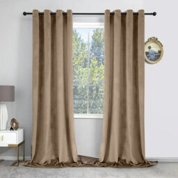 Oxford Homeware Eyelet Velvet Curtains Beige Fully Lined Blackout Thermal Insulated Eyelet Curtains Pair (W)168Cm X (L)228Cm