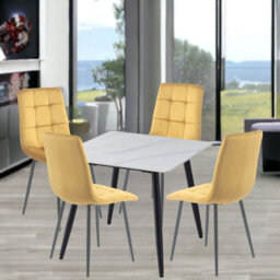 Urbn-Living Urbnliving 5Pcs White Matt Modern Ceramic Top Dining Table & Yellow Velvet Chairs With Metal Legs