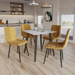 Urbn-Living Urbnliving 5Pcs White Matt Modern Ceramic Top Dining Table & Yellow Velvet Chairs With Metal Legs - thumbnail 4