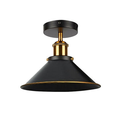 Vintage Flush Mounted Ceiling Light Metal E27 Base Black Gold Line Cone Shade Bulb Not Included - image 1