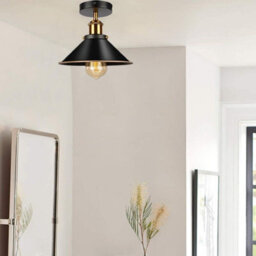 Vintage Flush Mounted Ceiling Light Metal E27 Base Black Gold Line Cone Shade Bulb Not Included - thumbnail 2