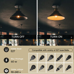 Vintage Flush Mounted Ceiling Light Metal E27 Base Black Gold Line Cone Shade Bulb Not Included - thumbnail 5