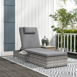 Outsunny Rattan Sun Lounger, Garden Recliner W/ 5-Level Back, Cushion, Grey - thumbnail 1