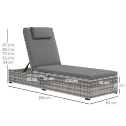 Outsunny Rattan Sun Lounger, Garden Recliner W/ 5-Level Back, Cushion, Grey - thumbnail 3