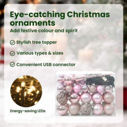 Vidaxl Christmas Bauble Set With 150 Leds 61 Pcs Pink Plastic - thumbnail 8