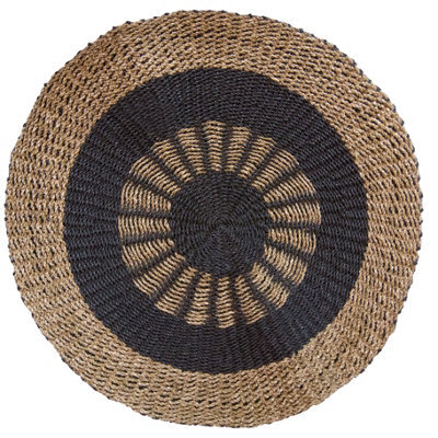Serenityy Round Seagrass Rug Black & Tan Inner Sun 1M - Medium Round Wicker Mat - image 1