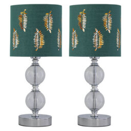 First Choice Lighting Set Of 2 Chrome Two Ball Table Lamps With Dark Green Fern Shades - thumbnail 1