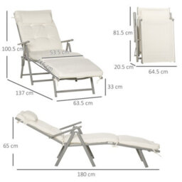 Outsunny Sun Lounger Recliner Foldable Padded Seat Adjustable Texteline White - thumbnail 3