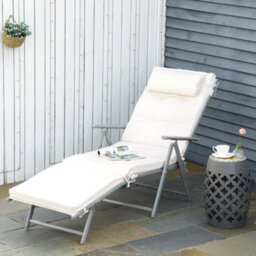 Outsunny Sun Lounger Recliner Foldable Padded Seat Adjustable Texteline White - thumbnail 1