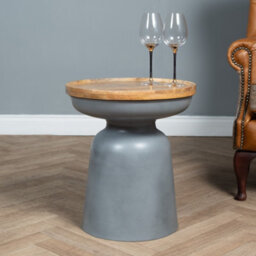 Elm Home And Products Elm Home And Garden Round Side End Lamp Table Grey Metal Solid Wood Oak Finish 46Cm High X 42Cm Fully Assembled