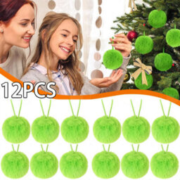 Amorly 12Pcs 6Cm Lime Green Furry Christmas Ornaments, Soft Faux Fur Pom Pom Balls, Decorative Hanging Baubles For Xmas Tree Decor - thumbnail 1