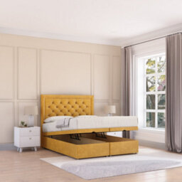Sloomy Montana End Lift Ottoman Bed 5Ft With Sprung Memory Mattress - Mustard Plush & Headboard- King - thumbnail 1