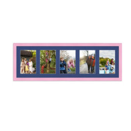 AK Frames 26X8 Pastel Pink Classic Multi Photo Frame With Blue Mount - Holds 5 Apertures (5X) 6X4 Photos - thumbnail 1