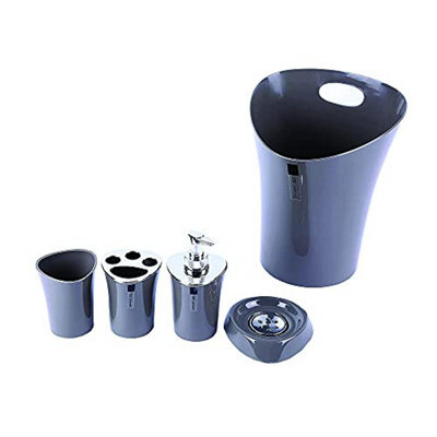 London Boutique Bathroom Accessories 5 Piece Set Colour Matching Bin Soap Dish Soap Dispenser Toothbrush Holder Tumbler (Black)