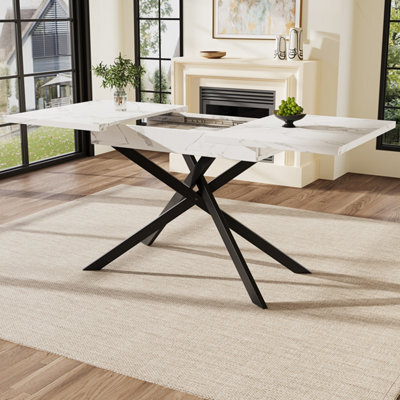 Btm Telescopic Dining Table 120160 Cm, Spacesaving Dining Table, Black Crossed Iron Legs, White Marble Top - image 1