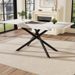 Btm Telescopic Dining Table 120160 Cm, Spacesaving Dining Table, Black Crossed Iron Legs, White Marble Top - thumbnail 1