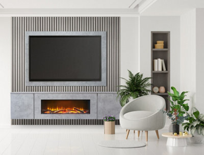 Acantha Orion Xo Electric Floating Media Wall Suite In Concrete Effect With Tv Board & Grey Oak Wall Panels - image 1