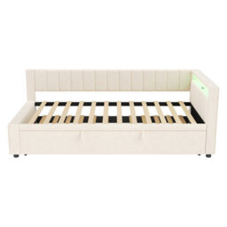 Matteo Modern Velvet Daybed With App-Controlled Led, Charging Station & Storage - Beige - thumbnail 3
