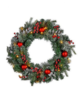 Werchristmas 60 Cm Pre-Lit Frosted Red And White Decorated Artificial Christmas Wreath, 20 Warm White Leds - image 1