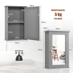 Costway Mirrored Bathroom Cabinet Wall Mount Storage Cabinet W/ Single Door-Grey - thumbnail 2