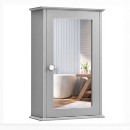 Costway Mirrored Bathroom Cabinet Wall Mount Storage Cabinet W/ Single Door-Grey
