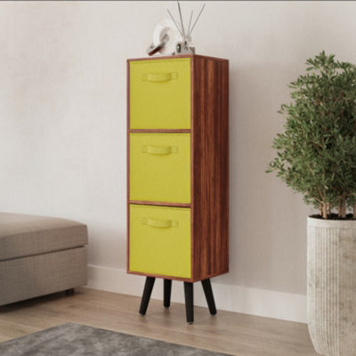 Urbn-Living Urbnliving 80Cm Height 3 Tier Teak Wooden Storage Bookcase Scandinavian Style Black Legs With Yellow Inserts - image 1