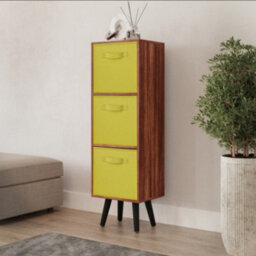 Urbn-Living Urbnliving 80Cm Height 3 Tier Teak Wooden Storage Bookcase Scandinavian Style Black Legs With Yellow Inserts
