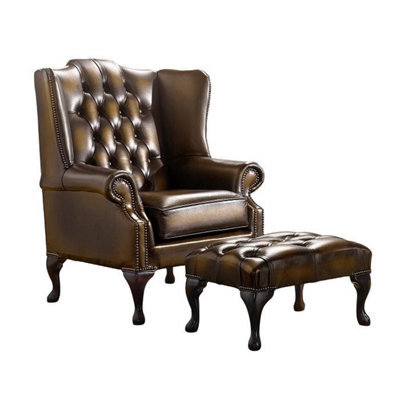 Chesterfield Flat Wing Chair + Footstool Antique Gold Leather In Mallory Style