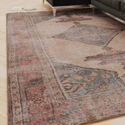 Loomed Vintage Tribal Cotton Chenille Rug Beige Blue Distressed Machine Washable 240Cm X 330Cm - thumbnail 1