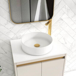 Royal Bathrooms Orion 600mm Warm Taupe Floor Standing Vanity Unit 2 Door With Plain White Undrilled Worktop & Brushed Brass Accent Trim - thumbnail 5