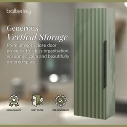 Balterley Fluted Front Wall Hung Single Door Tall Bathroom Storage Unit, 400mm, Green, Black Handle - thumbnail 3