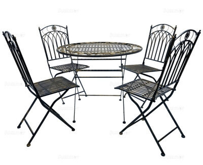 Fully Assembly Outdoor Vintage Dining Set, 4 Folding Chairs And Round Table - Ornate Wrought Iron Design, Black Antique Finish - image 1