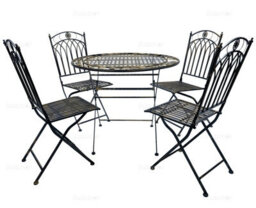 Fully Assembly Outdoor Vintage Dining Set, 4 Folding Chairs And Round Table - Ornate Wrought Iron Design, Black Antique Finish - thumbnail 1