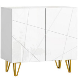 Wyld Haus Diro High Gloss White Sideboard With Geometric Line Indents And Gold Hairpin Legs - 2 Doors, 3 Shelves, 800X400X750mm - thumbnail 2