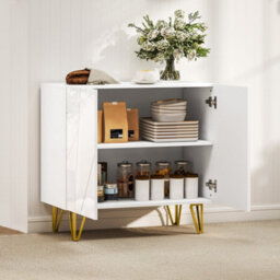 Wyld Haus Diro High Gloss White Sideboard With Geometric Line Indents And Gold Hairpin Legs - 2 Doors, 3 Shelves, 800X400X750mm - thumbnail 8