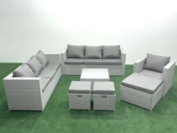 Fimous Wicker Pe Rattan Sofa Garden Furniture Set Armchair Square Coffee Table 3 Stools Light Grey - thumbnail 1