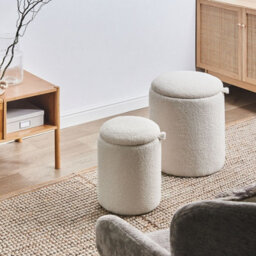 Wyld And Coco Living Boucle Pouffes Set Of 2 Off-White Round Ottomans With Hidden Storage And Nesting Design - thumbnail 2