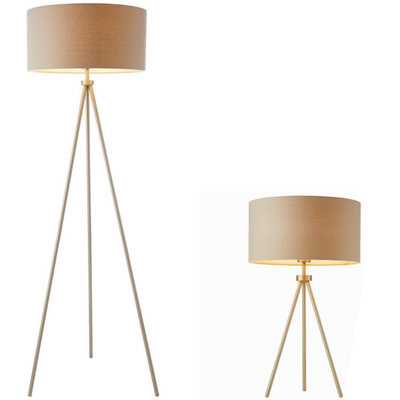 Standing Floor & Table Lamp Set Matt Nickel & Grey Shade Sleek Tripod Leg Light - image 1