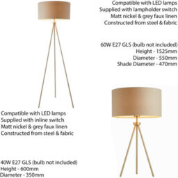 Standing Floor & Table Lamp Set Matt Nickel & Grey Shade Sleek Tripod Leg Light - thumbnail 2