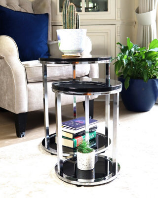 Aspect Furniture Terni Set Of 2 Tables, Glossy Black Wooden Tops And Glass Base - image 1