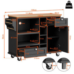 Btm Dining Trolley With Drawers And Storage Cupboards Mobile Kitchen Cart With Wooden Worktop Black - thumbnail 5