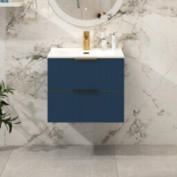 Royal Bathrooms Evora 600mm Midnight Blue Fluted Wall Hung Bathroom Vanity Unit 2 Drawer Cabinet With Ceramic Basin & Brushed Brass Handles