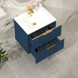 Royal Bathrooms Evora 600mm Midnight Blue Fluted Wall Hung Bathroom Vanity Unit 2 Drawer Cabinet With Ceramic Basin & Brushed Brass Handles - thumbnail 5