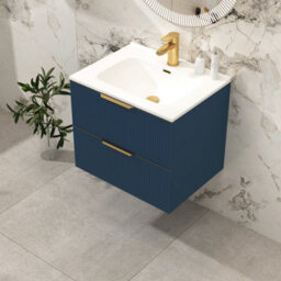 Royal Bathrooms Evora 600mm Midnight Blue Fluted Wall Hung Bathroom Vanity Unit 2 Drawer Cabinet With Ceramic Basin & Brushed Brass Handles - thumbnail 6