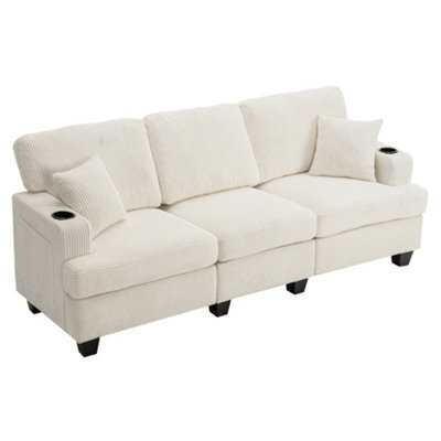 Darphe Modern 3-Seater Corduroy Sofa With Cup Holders And Throw Pillows - image 1