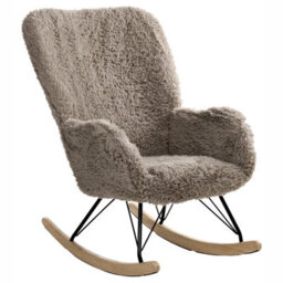 Wyld And Coco Cosynest Rocking Chair - Light Taupe Faux-Fur Upholstery, Rubberwood Skates - Rustic Living Room Armchair - thumbnail 4