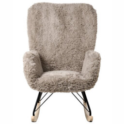 Wyld And Coco Cosynest Rocking Chair - Light Taupe Faux-Fur Upholstery, Rubberwood Skates - Rustic Living Room Armchair - thumbnail 1