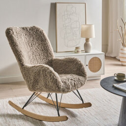 Wyld And Coco Cosynest Rocking Chair - Light Taupe Faux-Fur Upholstery, Rubberwood Skates - Rustic Living Room Armchair - thumbnail 2